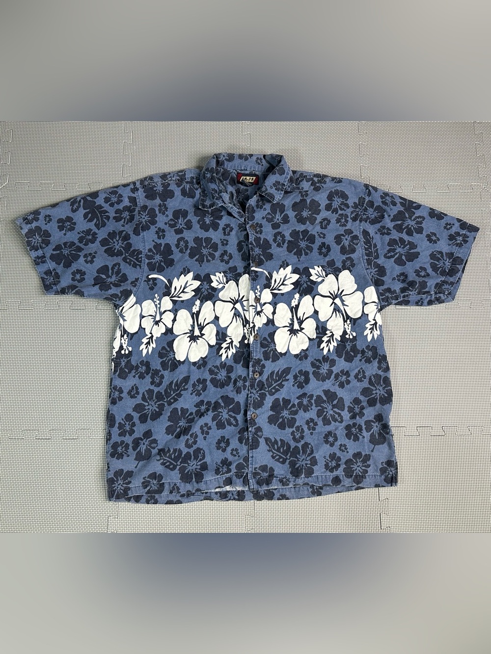 Am Pm Shirt Men’s 2X Hibiscus Floral Blue White Button Up Short Sleeve Vtg